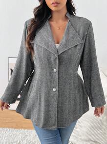 SHEIN Frenchy Plus Size Grey Casual Herringbone Blazer,Autumn/Winter, Women Clothes Fall/Winter - Grey - View 5