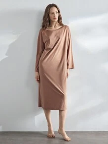 Ocili 女士纯色长袖宽松家居服连衣裙 - 棕色 - 查看 7