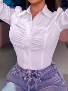 SHEIN PETITE 女士休闲荷叶边饰领衬衫女士衬衫，长袖上衣 - 白色 - 查看 2