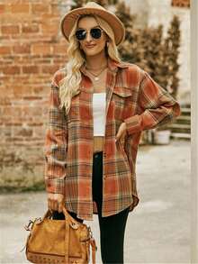 大码女式休闲格子衬衫，带口袋