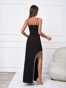 SHEIN Tall Rhinestone Fringe Trim Asymmetrical Hem Cami Dress - Black - View 2