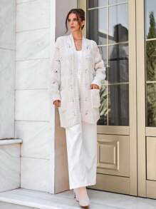 RueChic Women Solid Color Pocket Detailed Long Chunky Cardigan - White - View 2