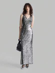 Ontre Silver Sequin V-Neck Slit Elegant Evening Party Dress - Silver - View 3