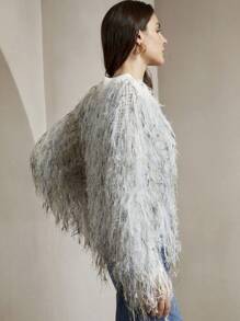 Anewsta Faux Feather Knit Sweater, Casual Everyday Wear, Knit Pullover Fall Winter - Green - View 2