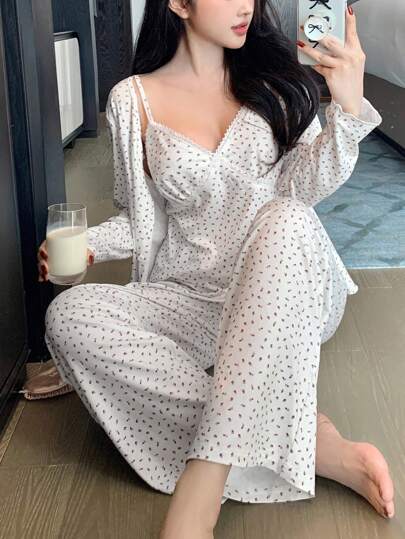 DAZY 3pcs Ditsy Floral Cami Top + Long Sleeve Cardigan + Pajama Pants Sleepwear Set, Fall Clothes