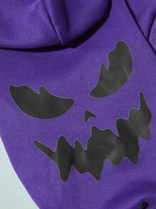 PETSIN 1 件宠物万圣节恐怖脸图案紫色羊毛连帽运动衫，适合猫和狗