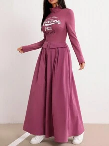 Mulvari Vestido maxi modesto de manga larga con cuello alto, estampado con letra, sencillo y sobrio para mujer