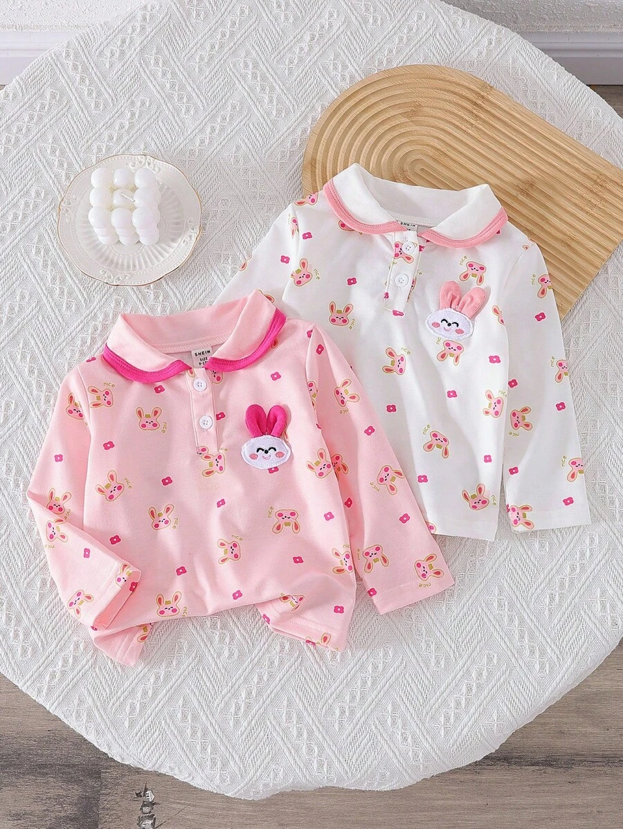 SHEIN 2pcs Infant Girls' Long Sleeve Rabbit Print Top Set - Multicolor - View 1