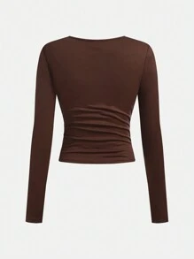 SHEIN Girlism Juego de 3 piezas de camisetas de manga larga casuales de unicolor con cuello redondo fruncido para adolescentes