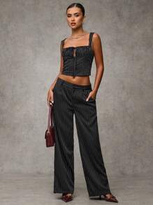 SHEIN BAE Women's Striped Pleated Straight Wide-Leg Casual Pants For Work - Grey - View 6