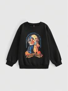 ROMWE Plus Size Retro American Style Pumpkin Girl Printed Sweatshirt - Black - View 1