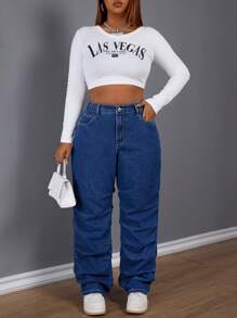 SHEIN SXY Plus Size Pleated Decorative Straight-Leg Jeans - Dark Wash - View 6