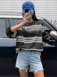 DAZY Women's Crew Neck Long Sleeve Striped & Letter Print Casual Sweatshirt,Fall Clothes - Black - View 6