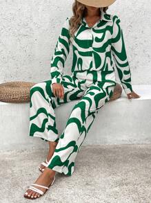 Breezaya Women's Wave Print Shirt Top And Wide Leg Pants Casual Set