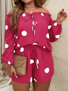 SHEIN LUNE Plus Size Leisure Polka Dot Print Off-Shoulder Blouse And Shorts 2pcs Set