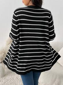SHEIN Frenchy Plus Size Fall Striped Printed Casual Long Sleeve Cardigan