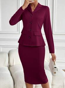 Chiquease Lapel Collar Single-Breasted Blazer And A-Line Skirt Set - Burgundy - View 3