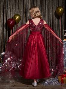 SHEIN Girls Sweet Floral Overlay Long Sleeve Dress With Bead & Sequin Decor, Suitable For Wedding, Party, Holiday Events - Burgundy - View 2