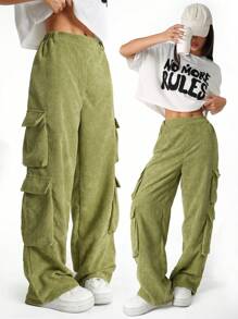 SHEIN Teen Girl Casual Pleated Accordion Pocket Pants, Spring And Autumn, Elastic Waist Straight Leg Baggy Pants - Green - View 1