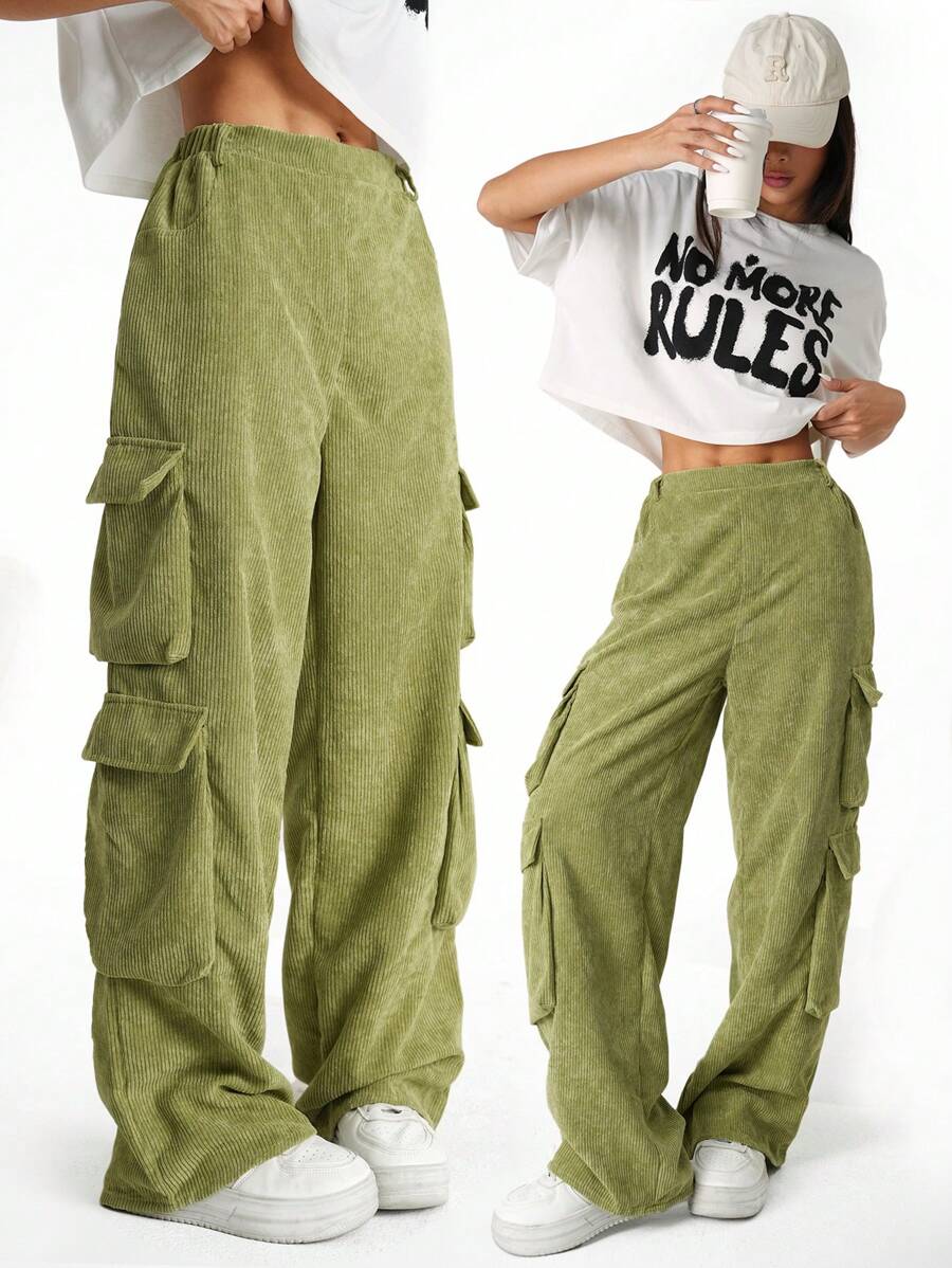 SHEIN Teen Girl Casual Pleated Accordion Pocket Pants, Spring And Autumn, Elastic Waist Straight Leg Baggy Pants - Green - View 1