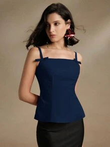 Anewsta 女士蝴蝶结装饰无袖上衣 - 藏蓝色 - 查看 5