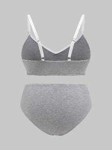 ROMWE Kawaii Plus Size Ribbed Comfortable Wireless Bra And Panty Set With Bow Accent - Grey - View 2