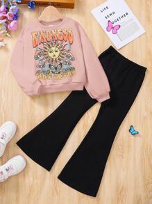 SHEIN Leap Crew 青少年女孩时尚都市风格圆领长袖毛衣和喇叭裤两件套 - 淺粉色 - 查看 5