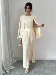 Chiquease 2 件套女士优雅纯色斗篷袖上衣和百褶裙套装，春秋