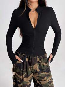 SHEIN PETITE Women's Zip Up Thumb Holes Black Jacket In Fall/Winter - Black - View 6