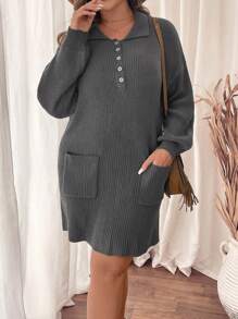 SHEIN Clasi Sukienka swetrowa o luźnym kroju i swobodnym kroju w dużym rozmiarze, z prostym profilem, kieszenią z przodu i kołnierzykiem z klapami dla swobodnego i stylowego wyglądu.Imprezy, festiwale muzyczne, odzież domowa, wydarzenia z okazji powrotu do szkoły, prezenty i zakupy.Strój kobiecy w stylu zachodnim, swetry jesienne, eleganckie sukienki, sukienka dzianinowa, sukienki jesienne, ubrania zimowe - Szary - Zobacz 4