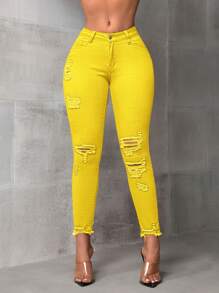SHEIN SXY 女式口袋细节做旧下摆修身休闲牛仔裤 - 黃色 - 查看 2