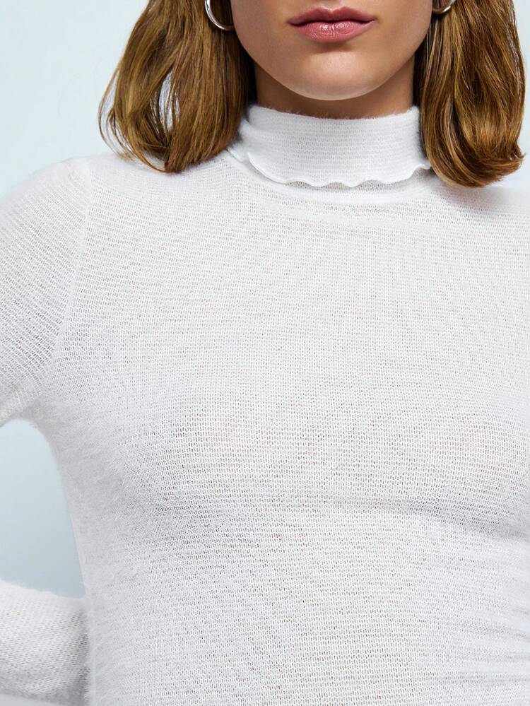 SHEIN Maija Women's Autumn/Winter Solid White Stand Collar Long Sleeve Slim Fitted Elegant Pullover Top