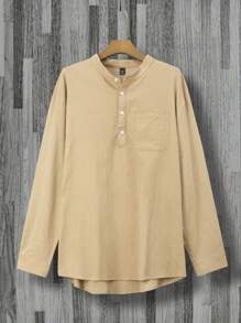 Manfinity Homme Men's Stand Collar Partial Button Down Long Sleeve Shirt
