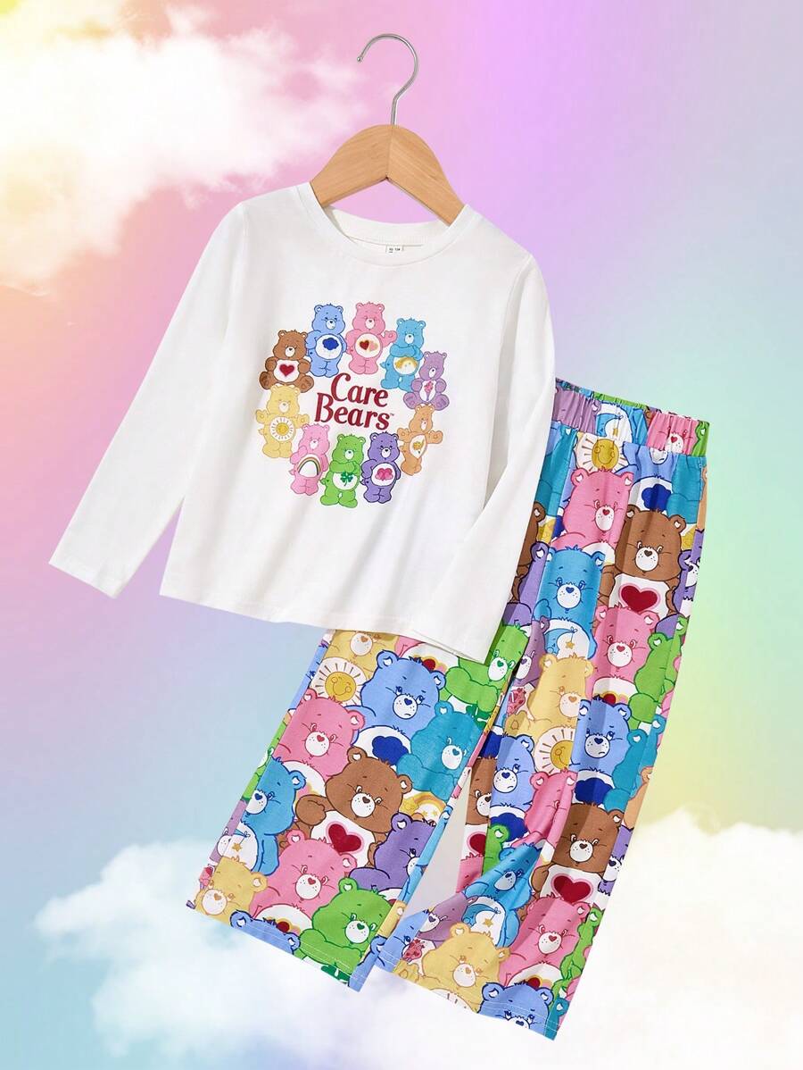 SHEIN X Care Bears Young Girl Colorful Sweet Stack Bear Print Loose Fit Flame Retardant Sleepwear Pajama Set, Including Long Sleeve Top And Pants