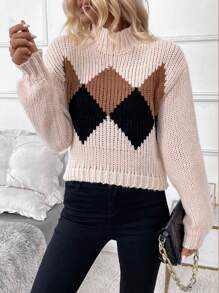 SHEIN LUNE 女士多色菱形图案针织套头衫，秋冬款 - 彩色 - 查看 4