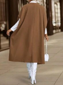 SHEIN LUNE Váy len cổ tròn rộng rãi màu trơn không tay cỡ lớn LUNE dành cho nữ - Cà phê nâu - Xem 2