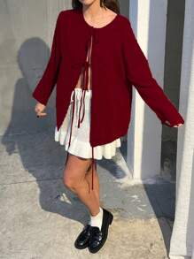 INAWLY 女士纯色长袖前系带宽松休闲开衫，秋冬