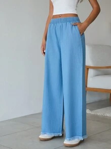 SHEIN Cottnline Pantalones sueltos de cintura alta con bolsillos, de algodón 100%, para primavera y verano, para mujer - Azul lavado medio - Ver 4