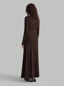 Ontre Brown Turtleneck Pleated Elegant Fitted Minimalist Stretchy Long Sleeve Cotton Dress