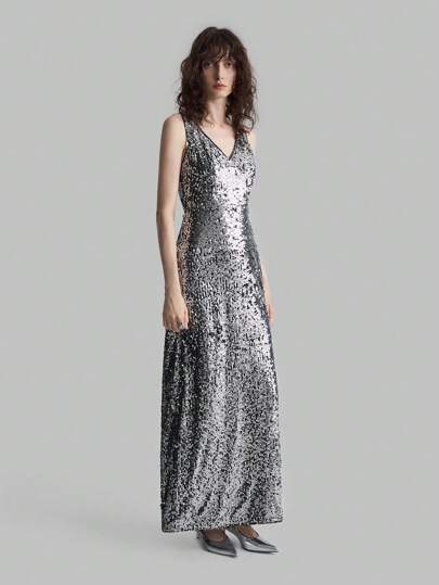 Ontre Silver Sequin V-Neck Slit Elegant Evening Party Dress