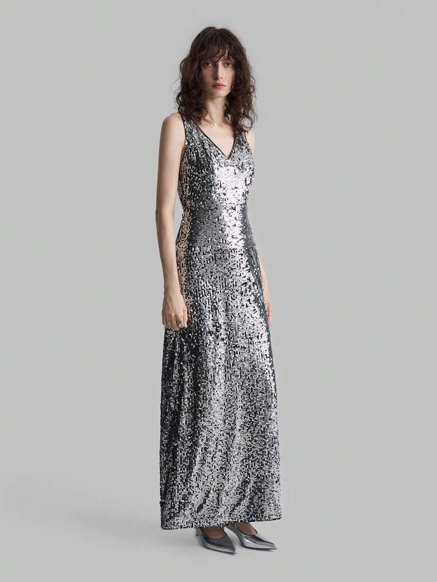 Ontre Silver Sequin V-Neck Slit Elegant Evening Party Dress - Silver - View 1