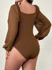 SHEIN Privé Plus Sweetheart Neck Lantern Sleeve Tie Front Bodysuit - Coffee Brown - View 2