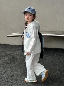 SHEIN 2pcs Young Girl Sports Casual Comfortable Hooded Sweatshirt And Pants Set, Autumn Winter - White - View 3