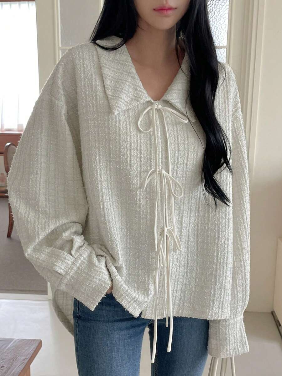 FRIFUL 女士纯色前系带长袖休闲衬衫 - 杏色 - 查看 1