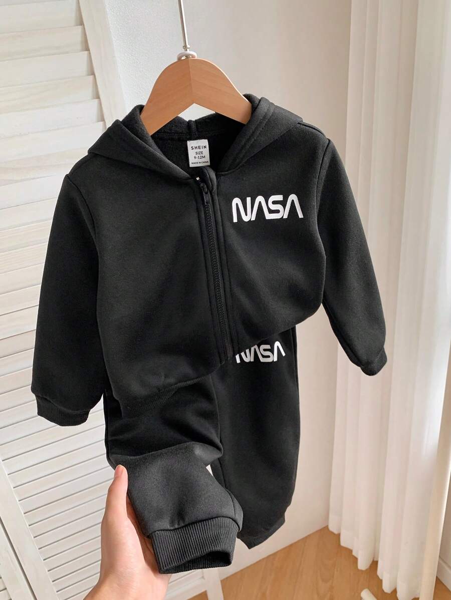SHEIN 2 件套男婴纯色保暖内衬休闲连帽上衣和松紧腰裤套装，适合秋冬季 - 黑色 - 查看 1