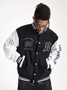Manfinity NXTstreet Men's Woven Long Sleeve Baseball Jacket, For Fall Winter - Black and White - View 1