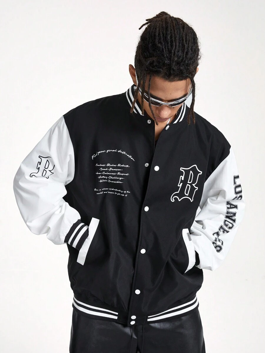 Manfinity NXTstreet Men's Woven Long Sleeve Baseball Jacket, For Fall Winter - Black and White - View 1