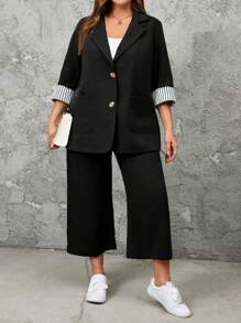 EMERY ROSE 加大码 2 件套：纯色拼接前扣中长袖上衣和长裤休闲装 - 黑色 - 查看 6