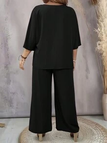 Joress Plus Size V-Neck Solid Color Casual Top And Versatile Wide-Leg Pants Two-Piece Set - Black - View 2