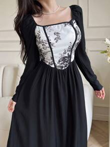 Feyla 女士优雅长袖连衣裙、秋季长款晚礼服 - 黑與白 - 查看 2